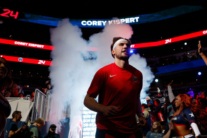 Washington Wizards forward Corey Kispert (24) is introduced prior to the game against the Memphis Grizzlies at Capital One Arena.